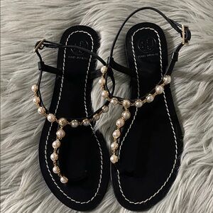 Tory Burch Black Sandals with Pearl Accents